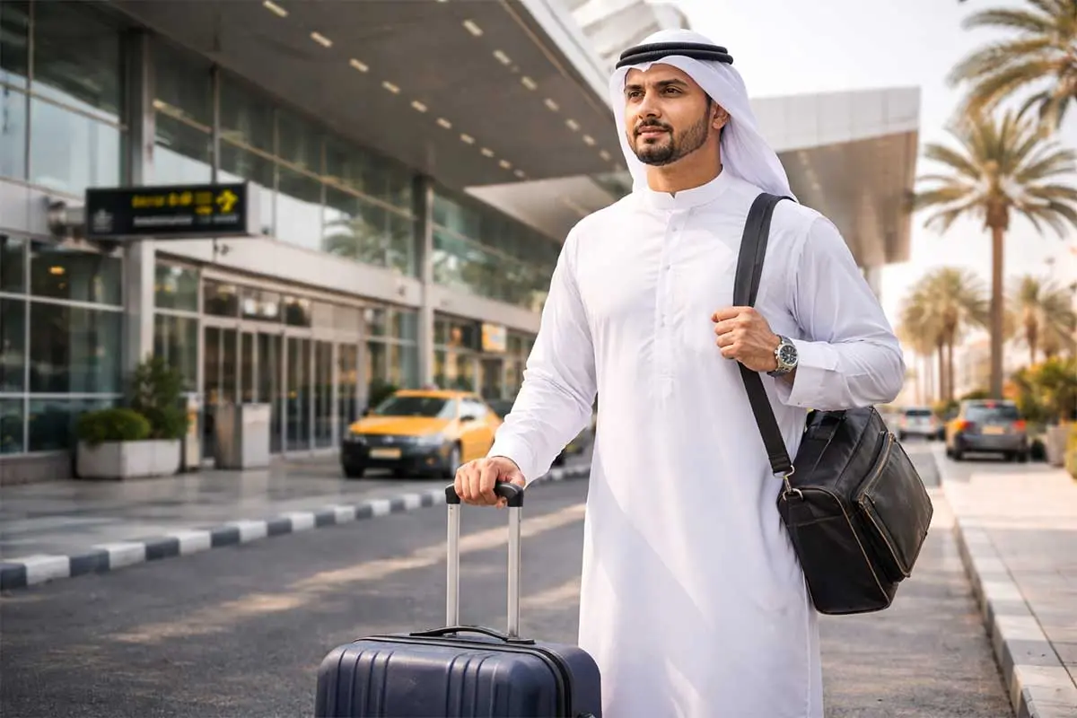 مسافر مع حقيبة أمام مدخل المطار في الكويت