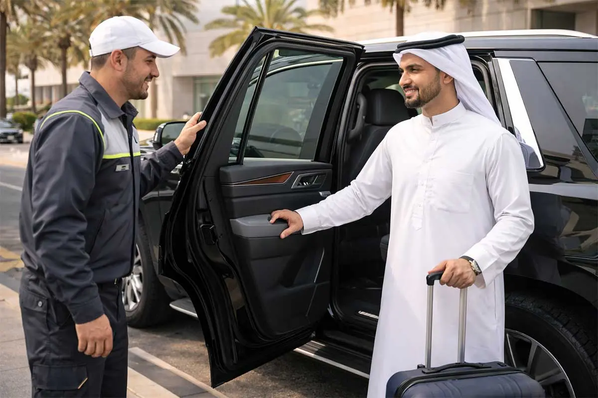 سائق تاكسي محترف يفتح الباب لمسافر
