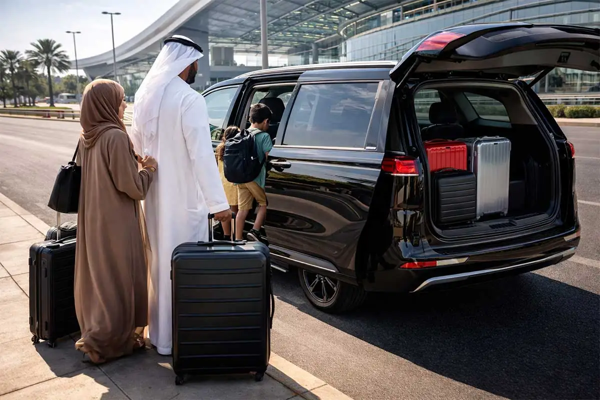 Family with luggage getting into a spacious taxi car at airport